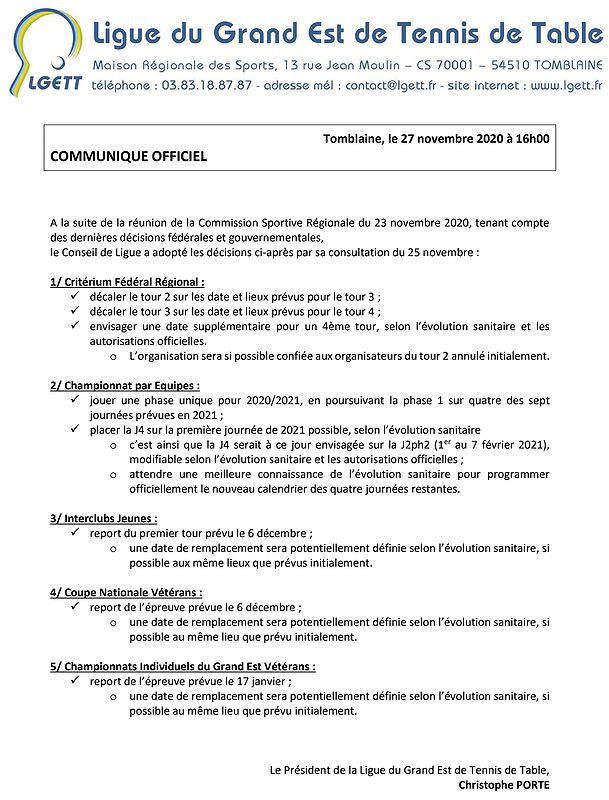 LGETT - Communiqué officiel - 27 novembre 2020