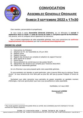 Zorn TT Hochfelden Convocation Assemblée Générale Ordinaire 2022