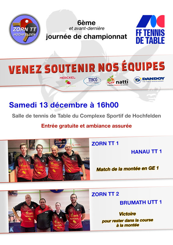 Afffiche - Samedi 13 décembre à 16h00 - Grands matchs de Tennis de Table à Hochfelden