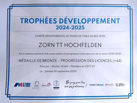 CD67TT Trophées Développement 2024-2025 pour Zorn TT Hochfelden