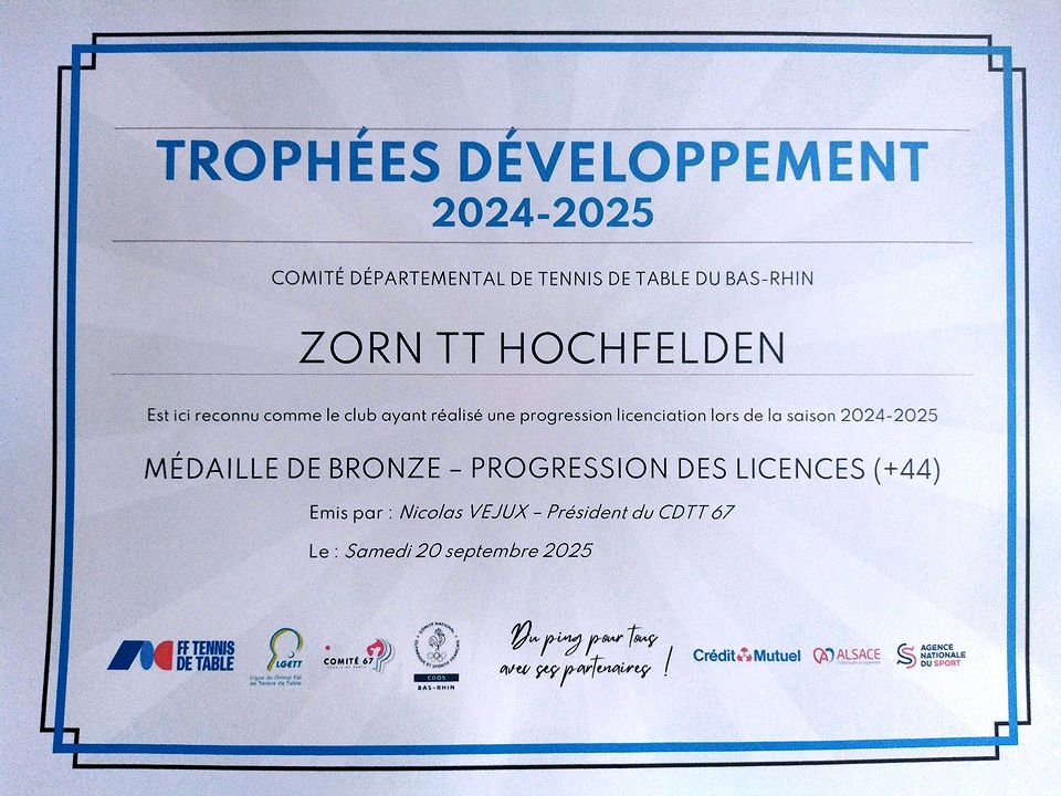 CD67TT Trophées Développement 2024-2025 pour Zorn TT Hochfelden
