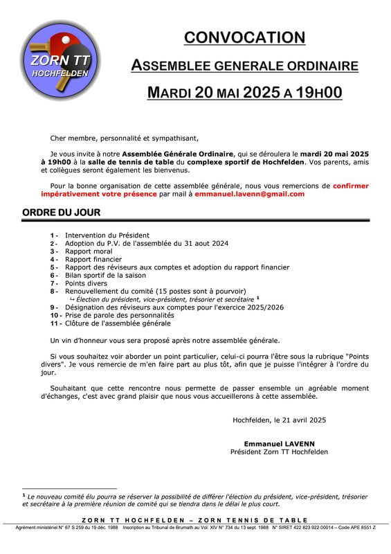 Zorn TT Hochfelden Convocation Assemblée Générale Ordinaire 2025