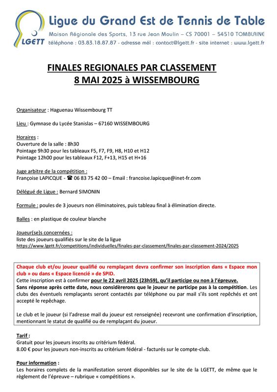 LGETT - Finales régionales par classement 2025 - Convocation