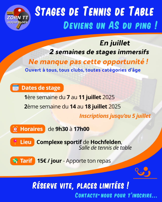 Stages organisés à Zorn TT Hochfelden en juillet 2025
