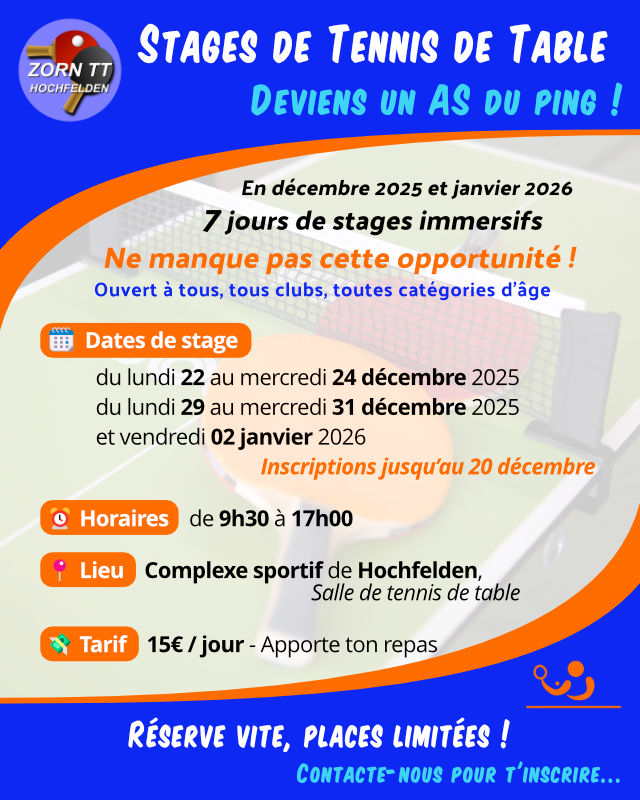 Stages organisés à Zorn TT Hochfelden en décembre 2025 et janvier 2026