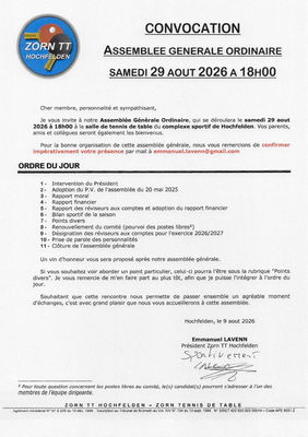 Zorn TT Hochfelden Convocation Assemblée Générale Ordinaire 2026