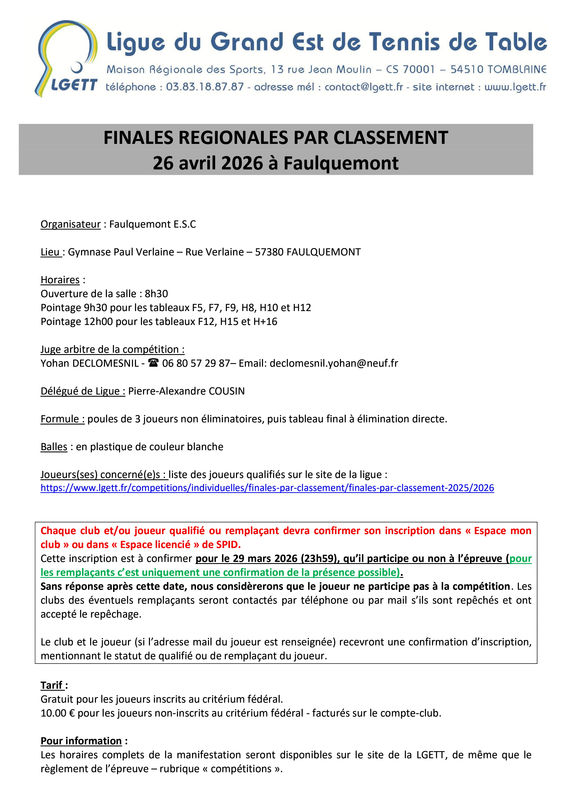 LGETT - Finales régionales par classement 2026 - Convocation