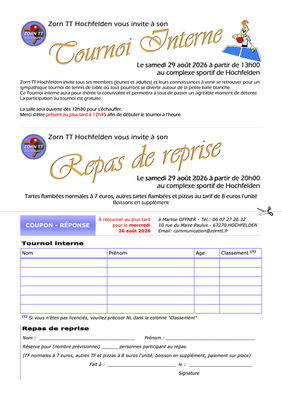 Zorn TT Hochfelden - Invitation tournoi et repas 2026