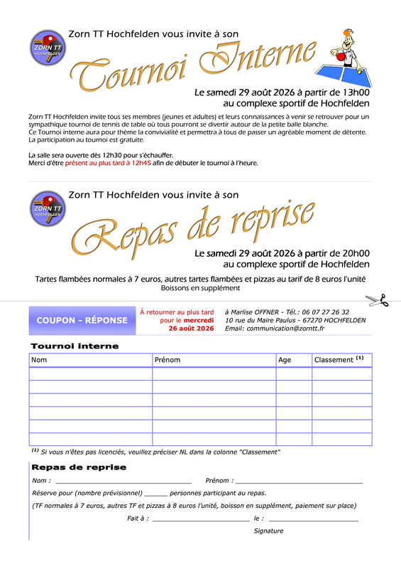 Zorn TT Hochfelden - Invitation tournoi et repas 2026