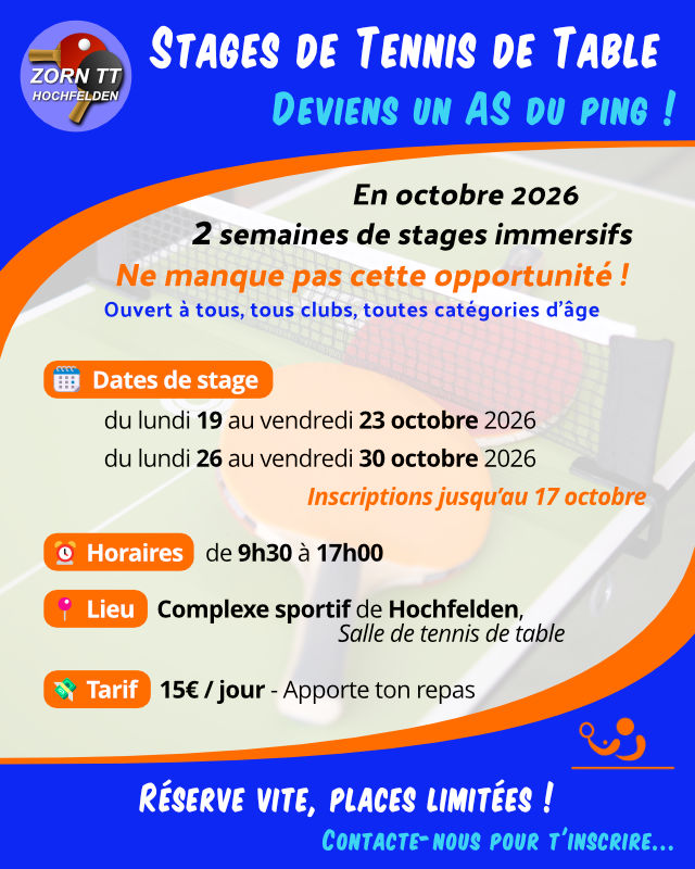 Stages organisés à Zorn TT Hochfelden en octobre 2026