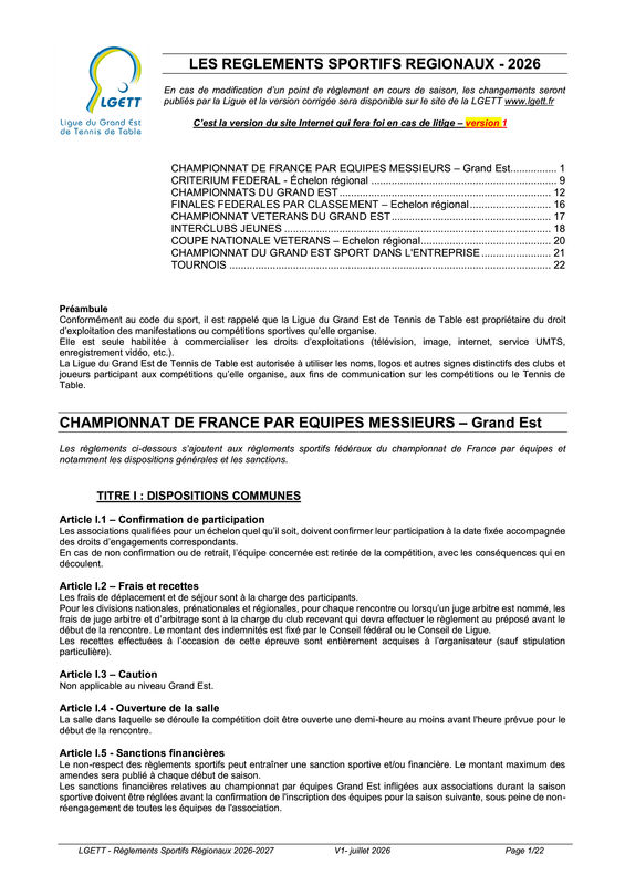 Règlement sportifs régionaux 2026-2027